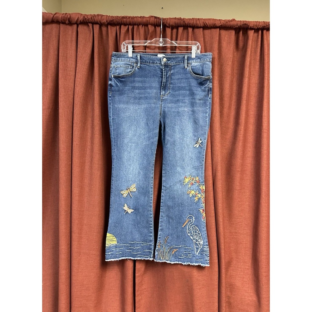 Anthropologie Driftwood Heron Embroidered Romy Flare Jeans Size 16